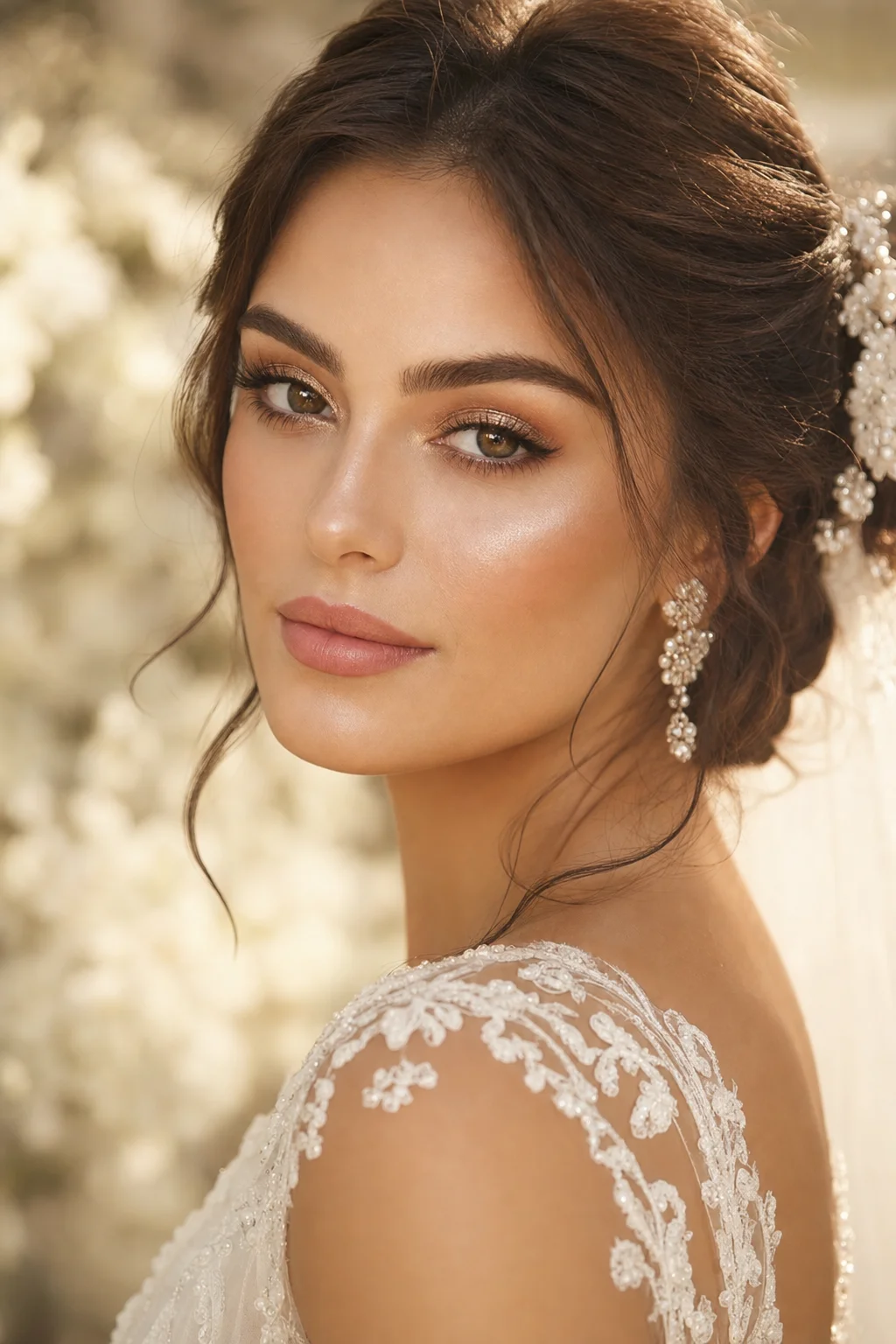Bridal makeup with luminous skin, champagne eyeshadow, and romantic lips on a bride