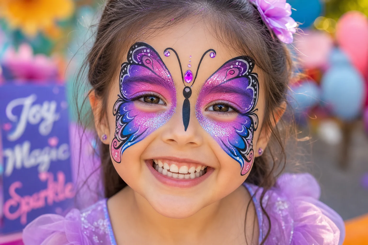 Professional face painting of a butterfly design on a smiling child