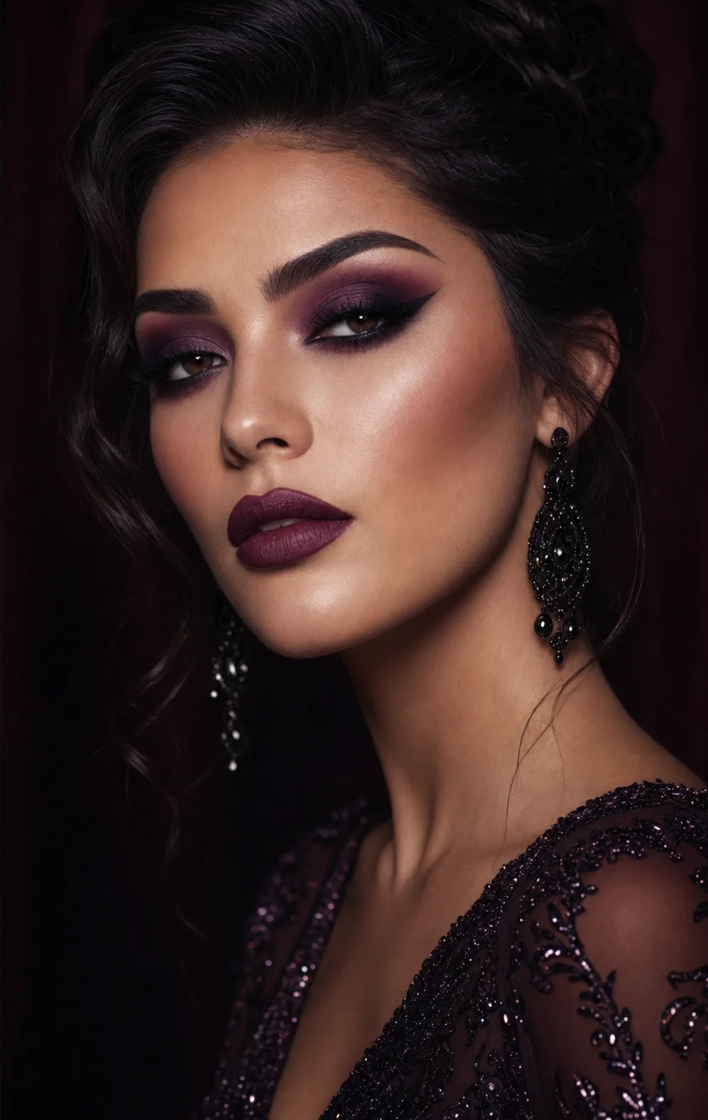 Full glam makeup with a dramatic smokey eye in plum and black, and bold lips