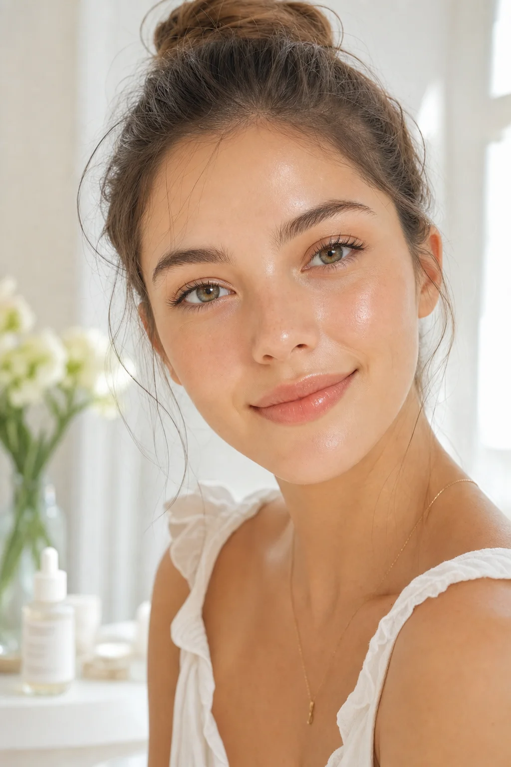 Natural everyday makeup with fresh dewy skin and subtle peachy tones